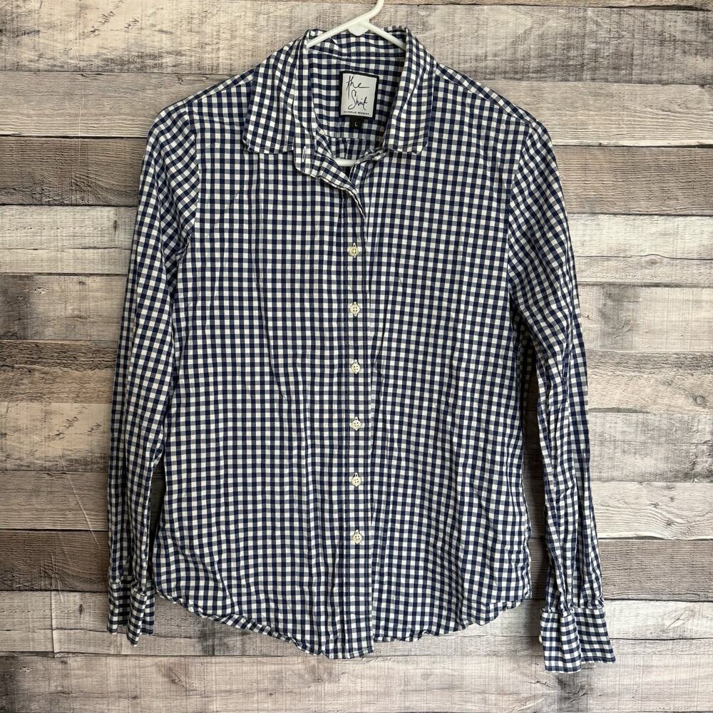 The Shirt Rochelle Behrens Women L Blue White Check Gingham Long Sleeve Classic